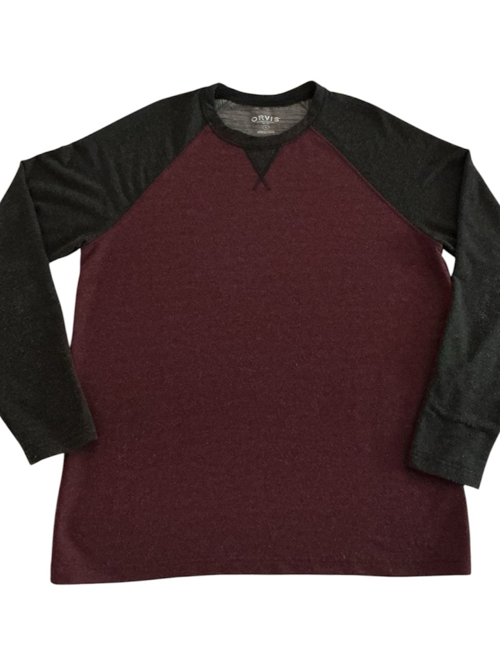 Orvis Shirt Mens Large Burgundy Charcoal Black Raglan Long Sleeve Tee Sweater